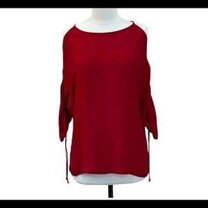 Michael Kors Silk Cold Shoulder Red Top with 3/4 Singed Sleeves, Medium
